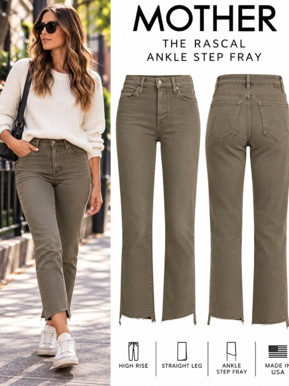 MOTHER The Rascal High Waisted Ankle Step Fray Jeans Gray Brown Size 25